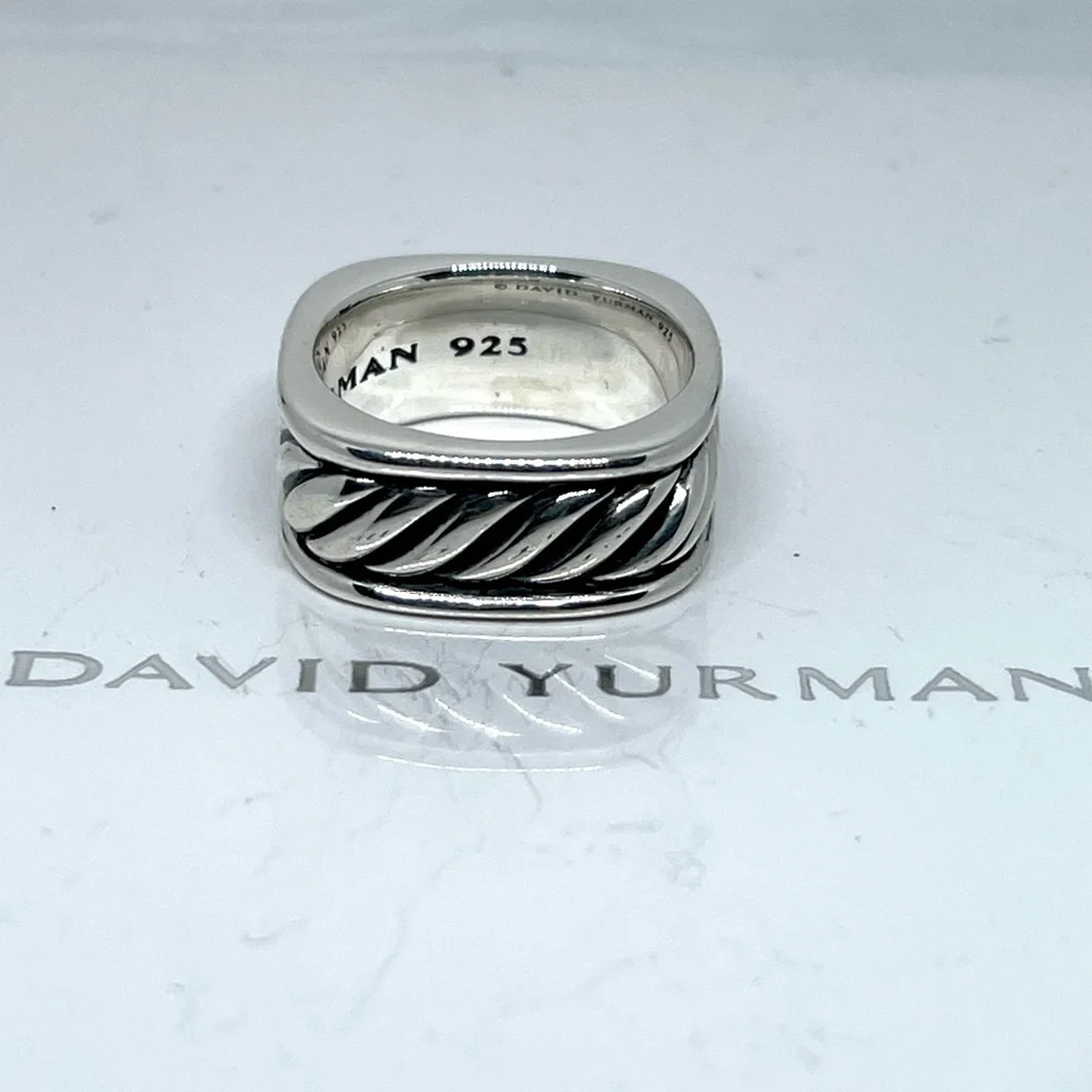 David Yurman Cable Square Sculpted Cushion Band Silver Ring Size 8